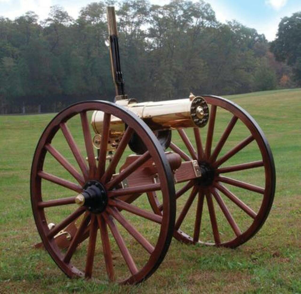 Colt 1877 Bulldog Gatling Gun Carriage 45-70 Government Caliber 10 Brass Encased Direct Drive Barrels Walnut Carriage