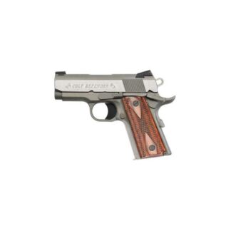 Colt Defender 45ACP, 3", Brushed Stainless, Fixed Sights, Slim Checkered Wood Grips, 7rd