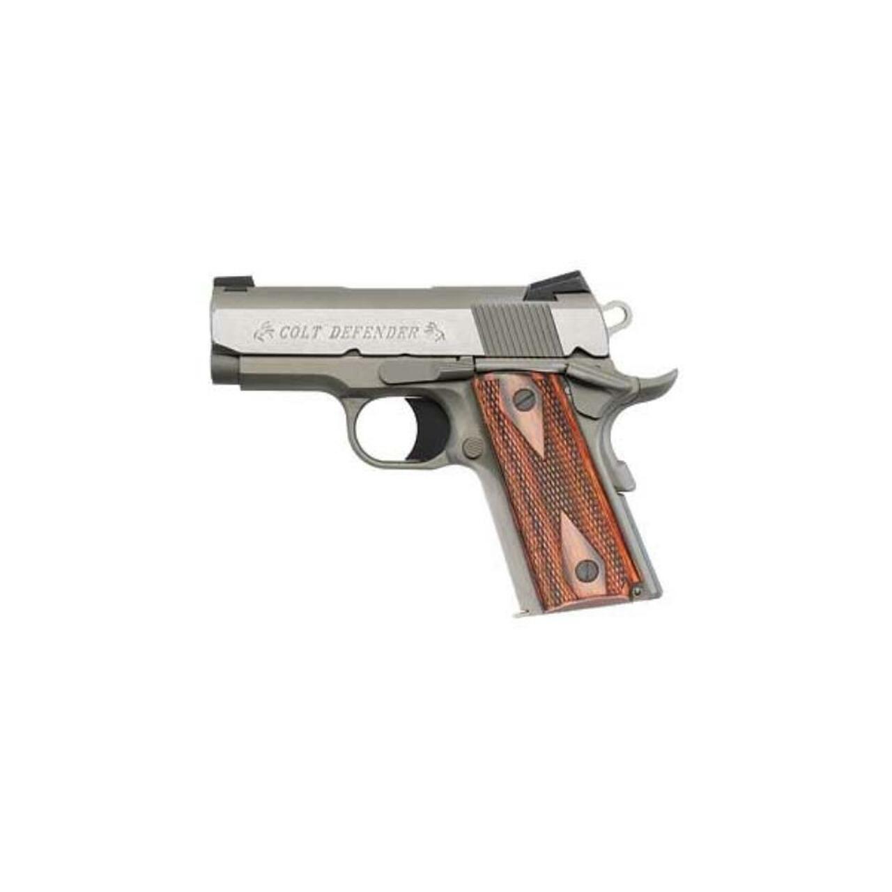Colt Defender 45ACP, 3", Brushed Stainless, Fixed Sights, Slim Checkered Wood Grips, 7rd