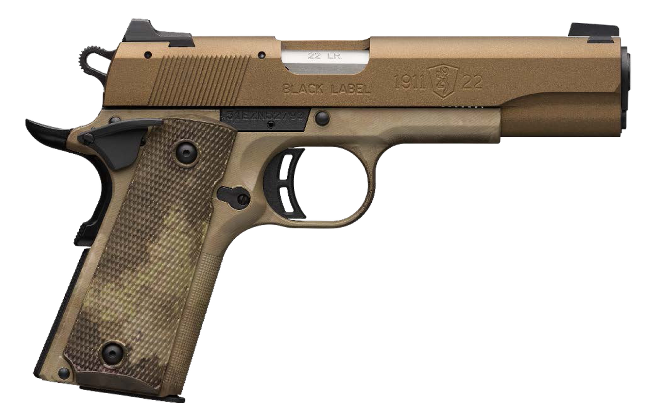 Browning, 1911-22, Black Label Speed, Semi-automatic, Full Size, 22 LR, 4.25" Barrel, Burnt Bronze Color, Cerakote Finish, Polymer Frame, Right Hand, A-TACS AU Camo Composite Grips, Ambidextrous Thumb Safety, White 3 Dot Sights, 10Rd