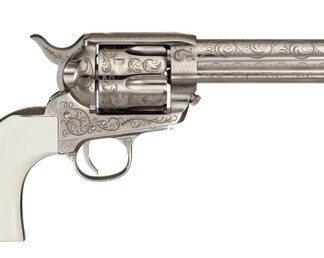 Cimarron Frontier 45 LC, 5.5" Barrel, Engraved Nickel, White Grips, 6rd - Cimarron Firearms | The Gun Shop